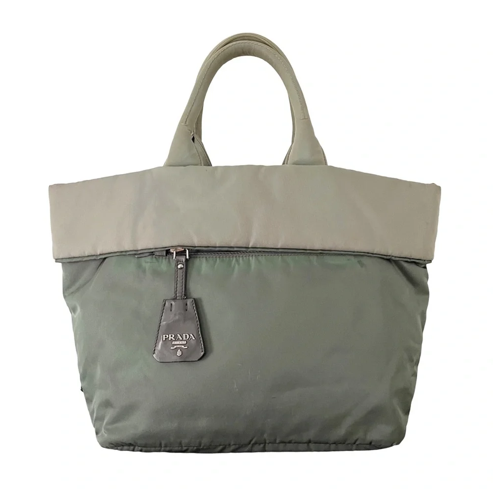 Prada green gray Tessuto nylon reversible travel tote bag